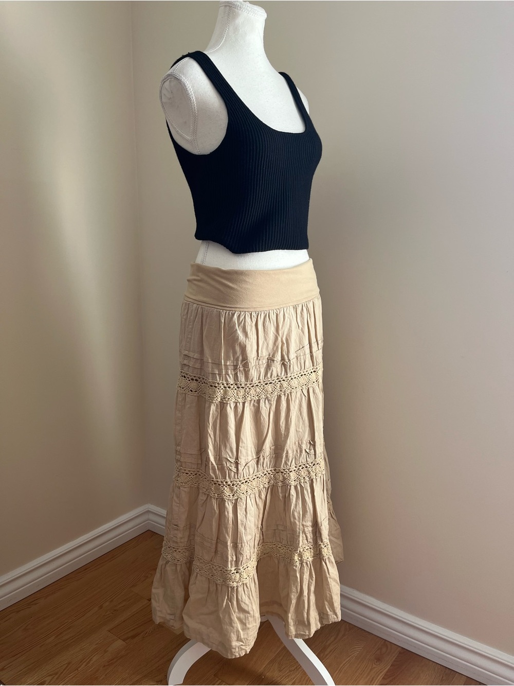 Beige Tiered Crochet Maxi Skirt - Women
